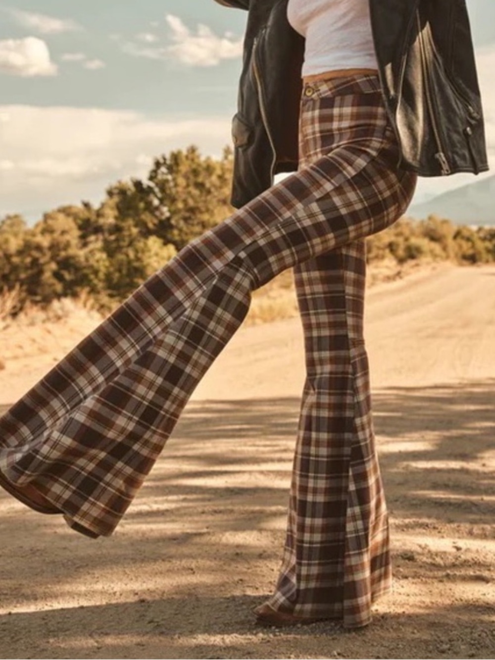 We The Free Plaid High-Waist Pants in Brown and Cream